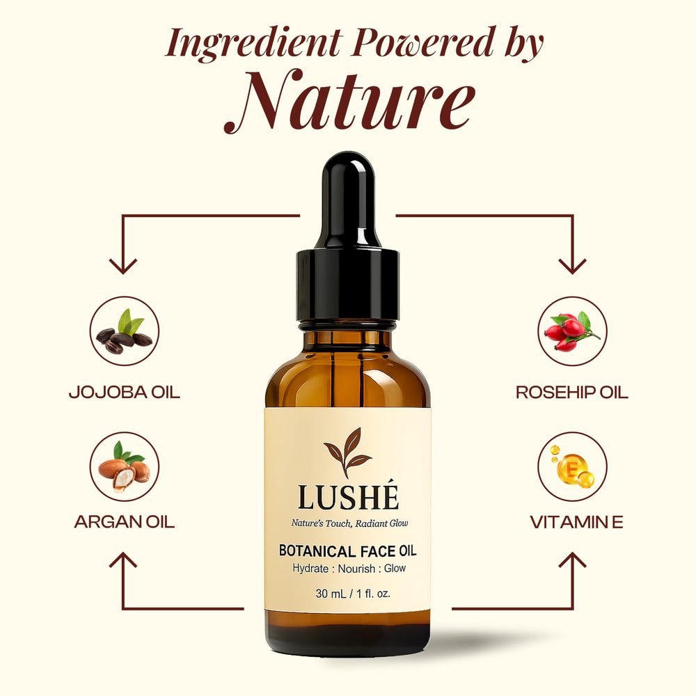 LusheCare lightweight oil texture poured into palm for fast absorption.