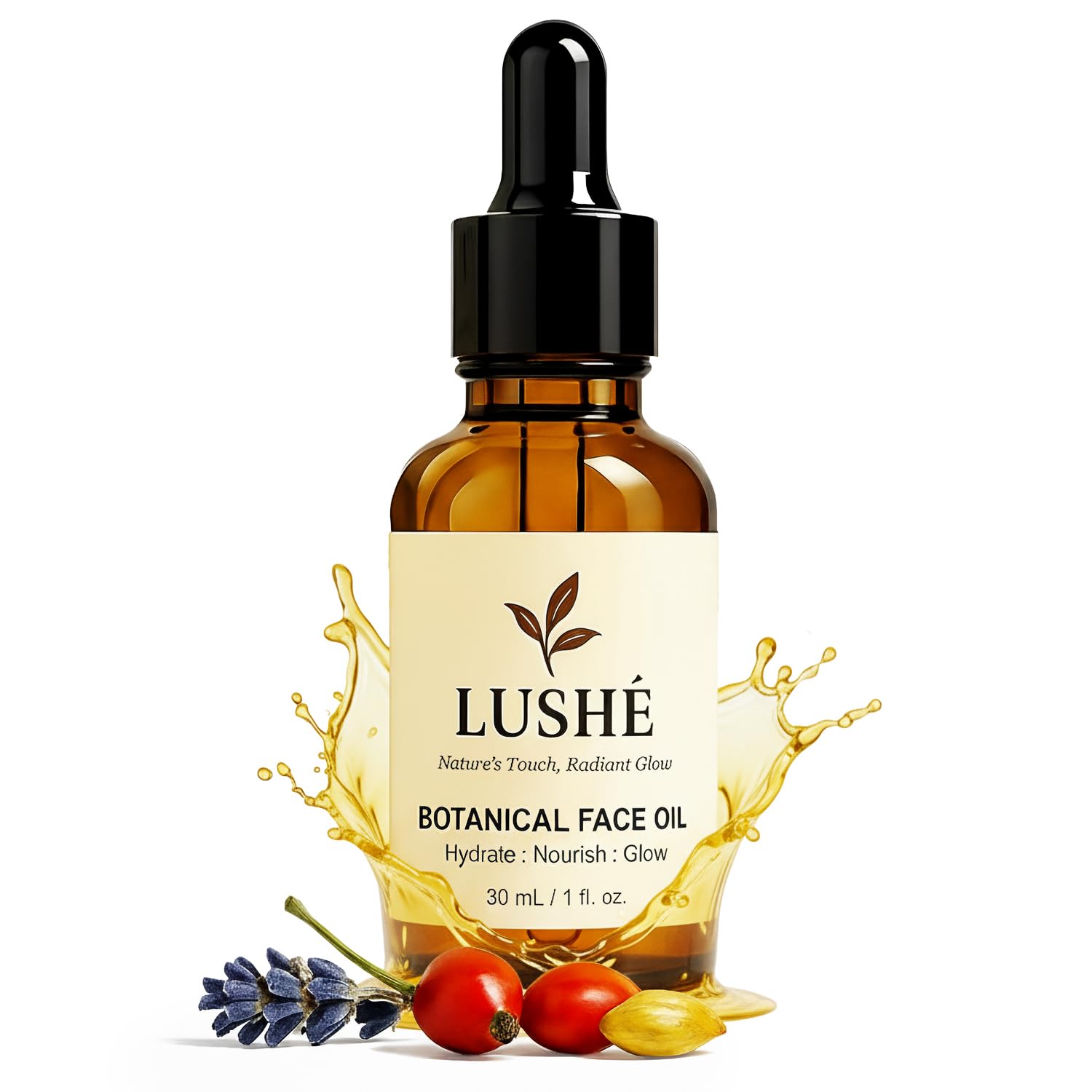 LusheCare Vitamin E Face Oil bottle close-up for daily hydration.
