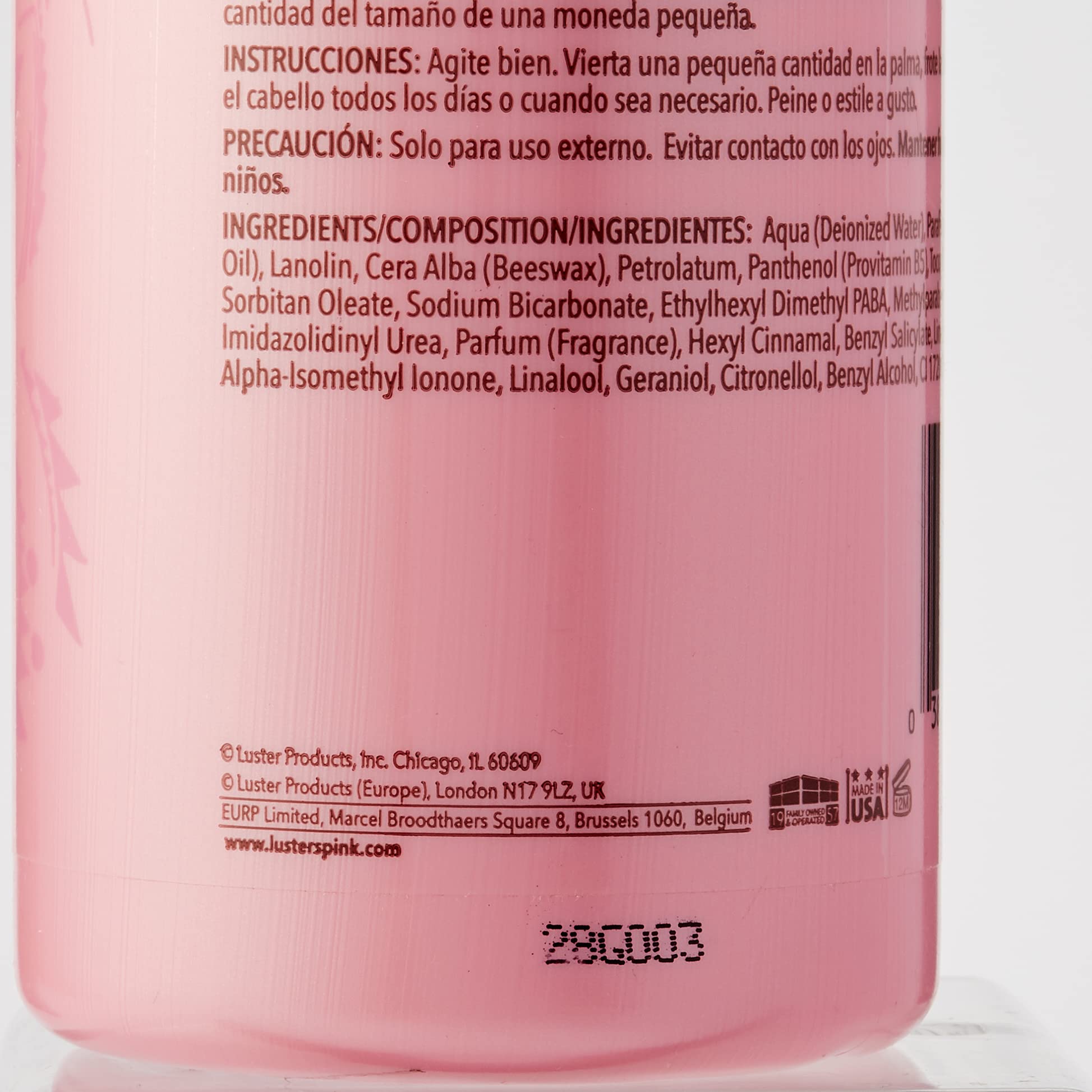 Luster's Pink Oil Moisturizer label-info shows Pro-Vitamin B5 and Vitamin E ingredients