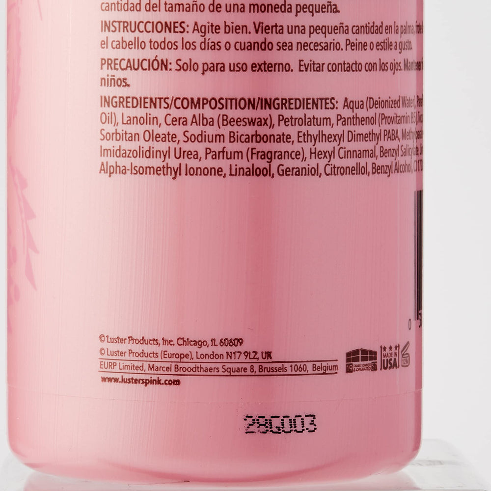 Luster's Pink Oil Moisturizer label-info shows Pro-Vitamin B5 and Vitamin E ingredients