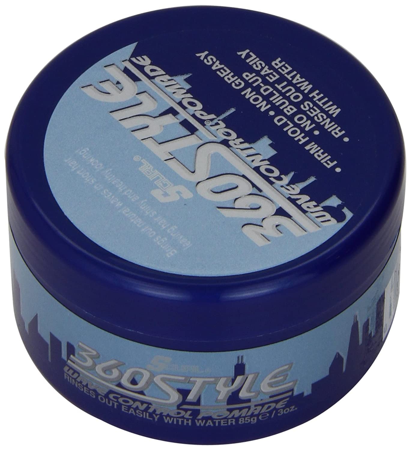 Luster's S-Curl 360 Wave Control Pomade jar closeup showing texture for even application