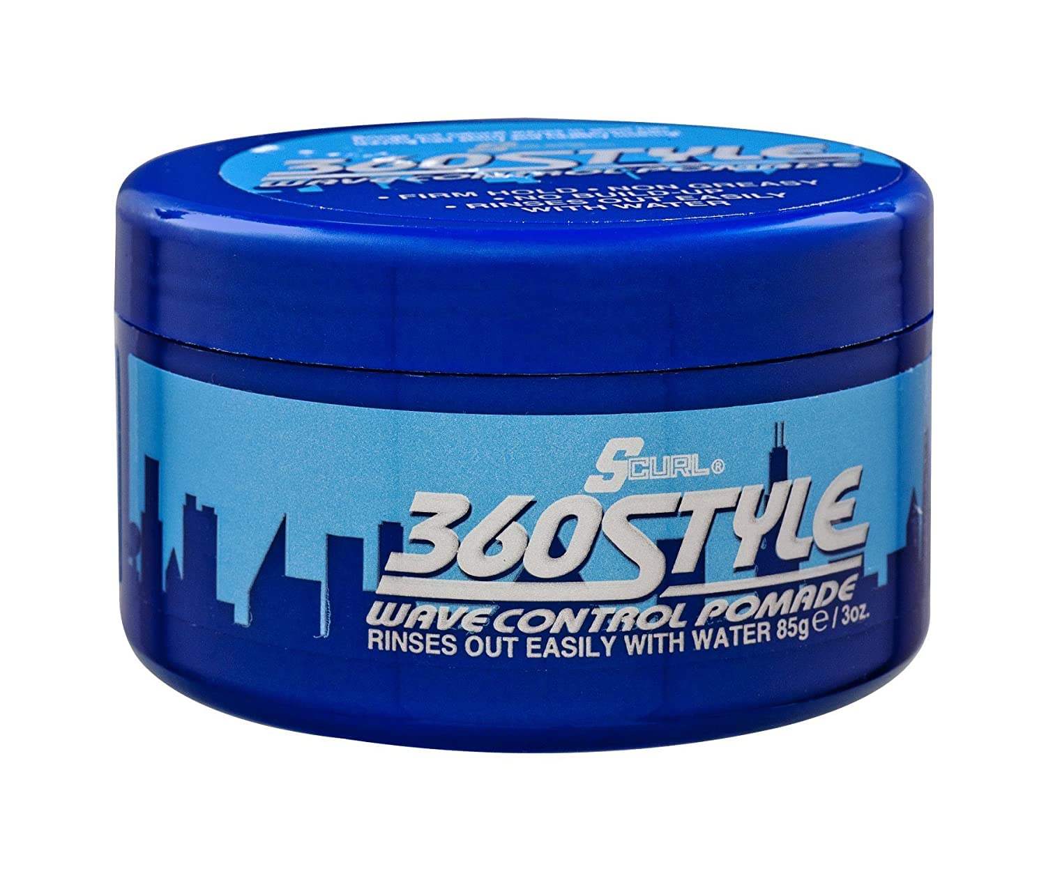 Luster's S-Curl 360 Wave Control Pomade jar front for strong wave definition