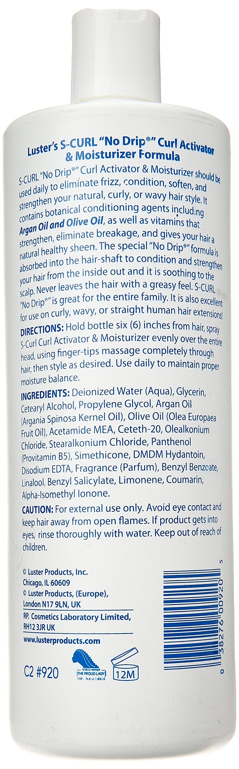Luster's Scurl Right On Curl 32oz label closeup highlights long-lasting frizz control.