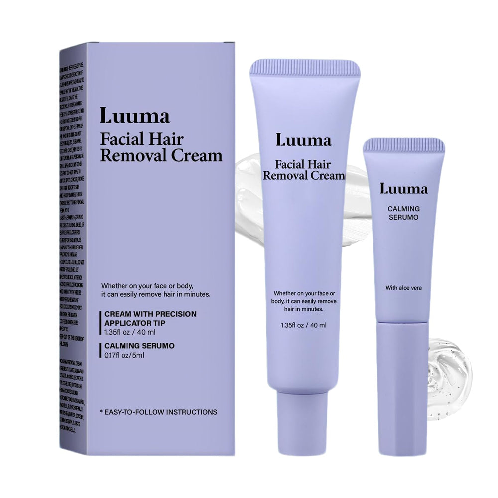 Luuma facial hair removal cream application close-up for quick, painless use.
