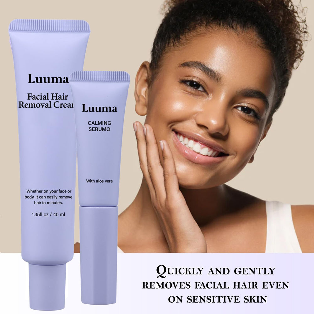 Luuma facial hair removal cream on finger area illustrating short 4-5 minute timing