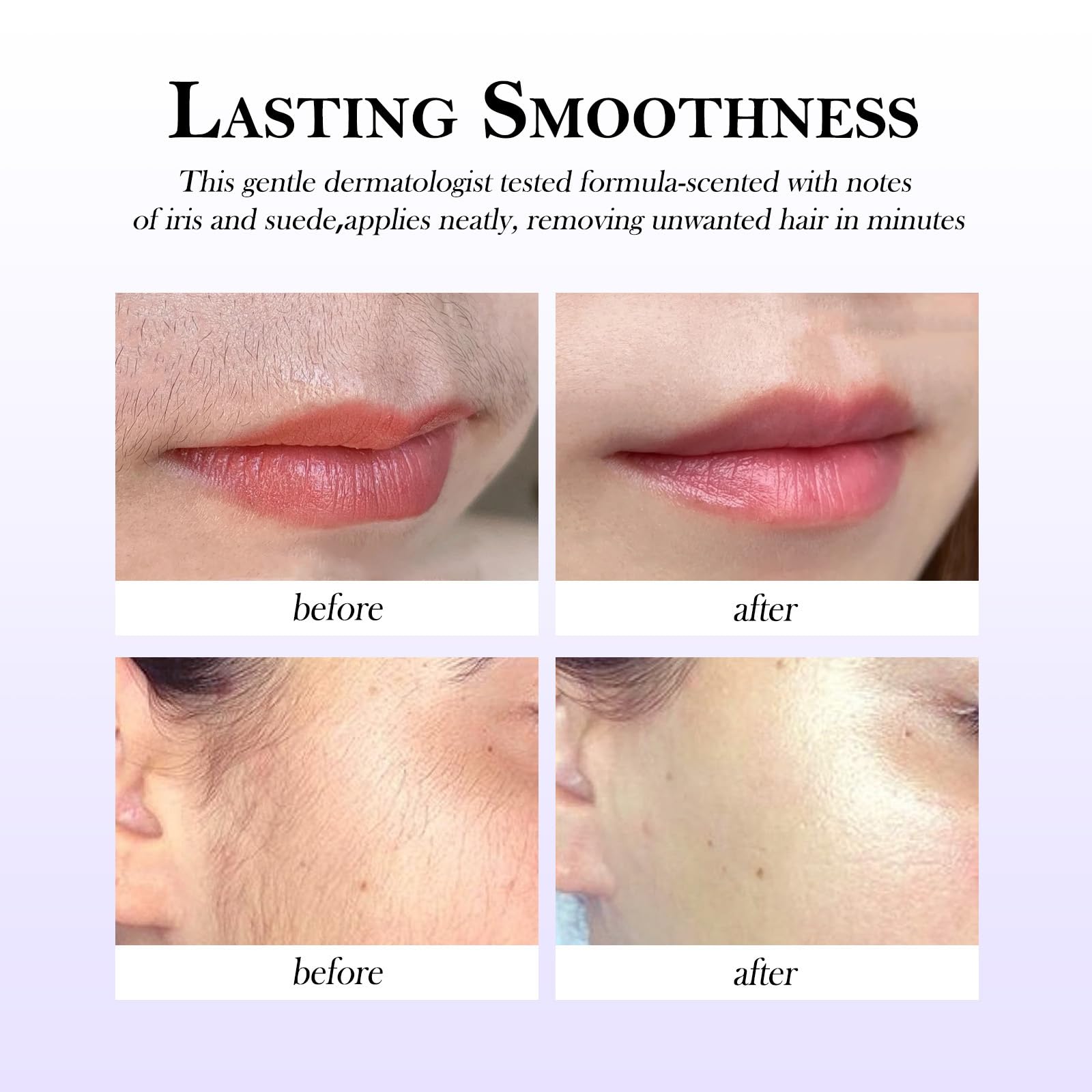 Luuma facial hair removal cream aftercare shows soft, nourished skin post-use