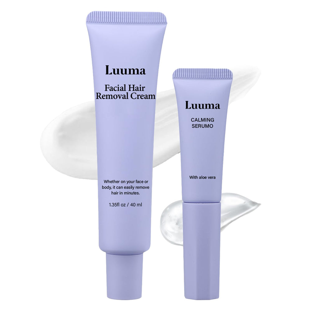 Luuma facial hair removal cream tube close-up showing compact packaging for home use