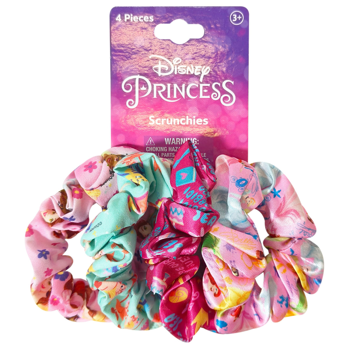 LUV HER Disney Princess scrunchies pack close-up showing soft fabric for gentle hair care.