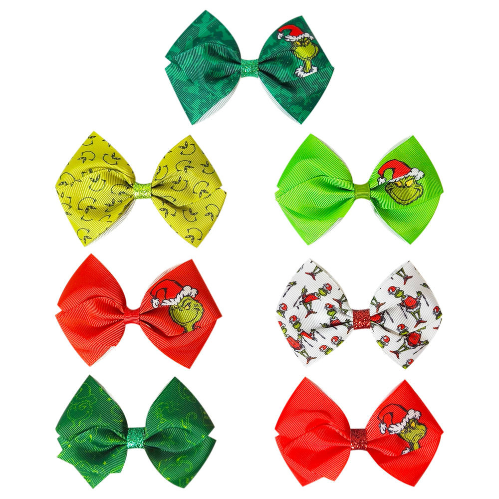Luv Her Grinch bows side angle shows vibrant colors and secure clip grip.