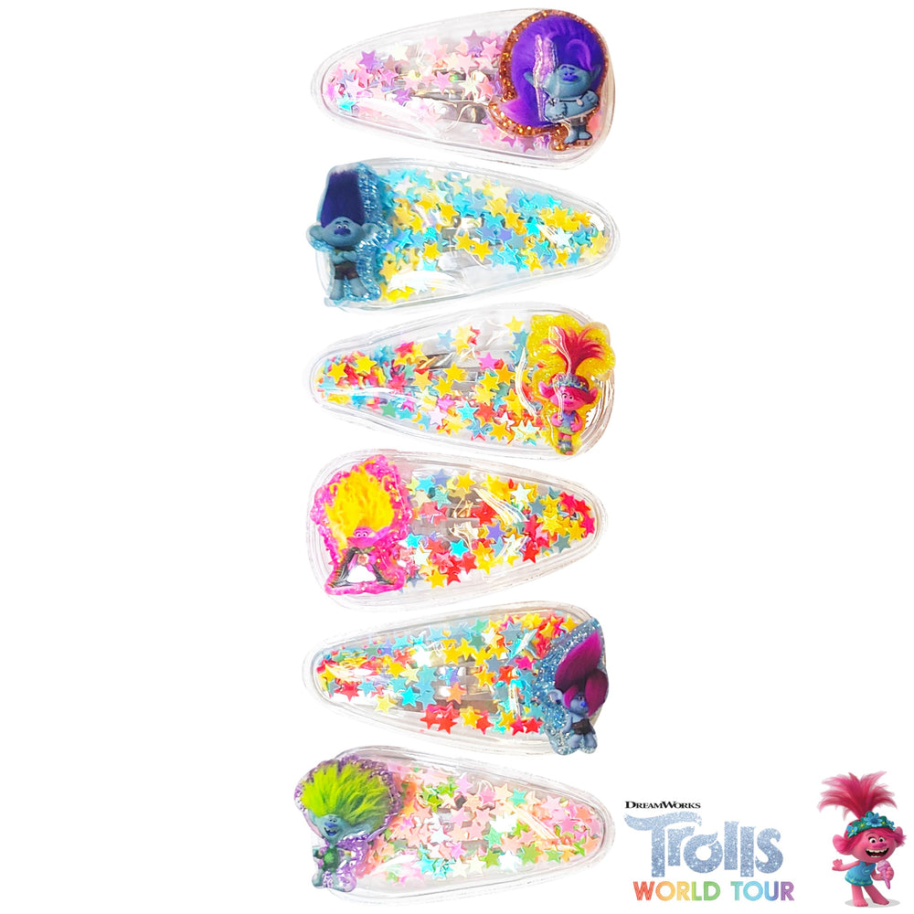 Luv Her confetti Trolls charms closeup showing soft-grip clips for gentle hold.