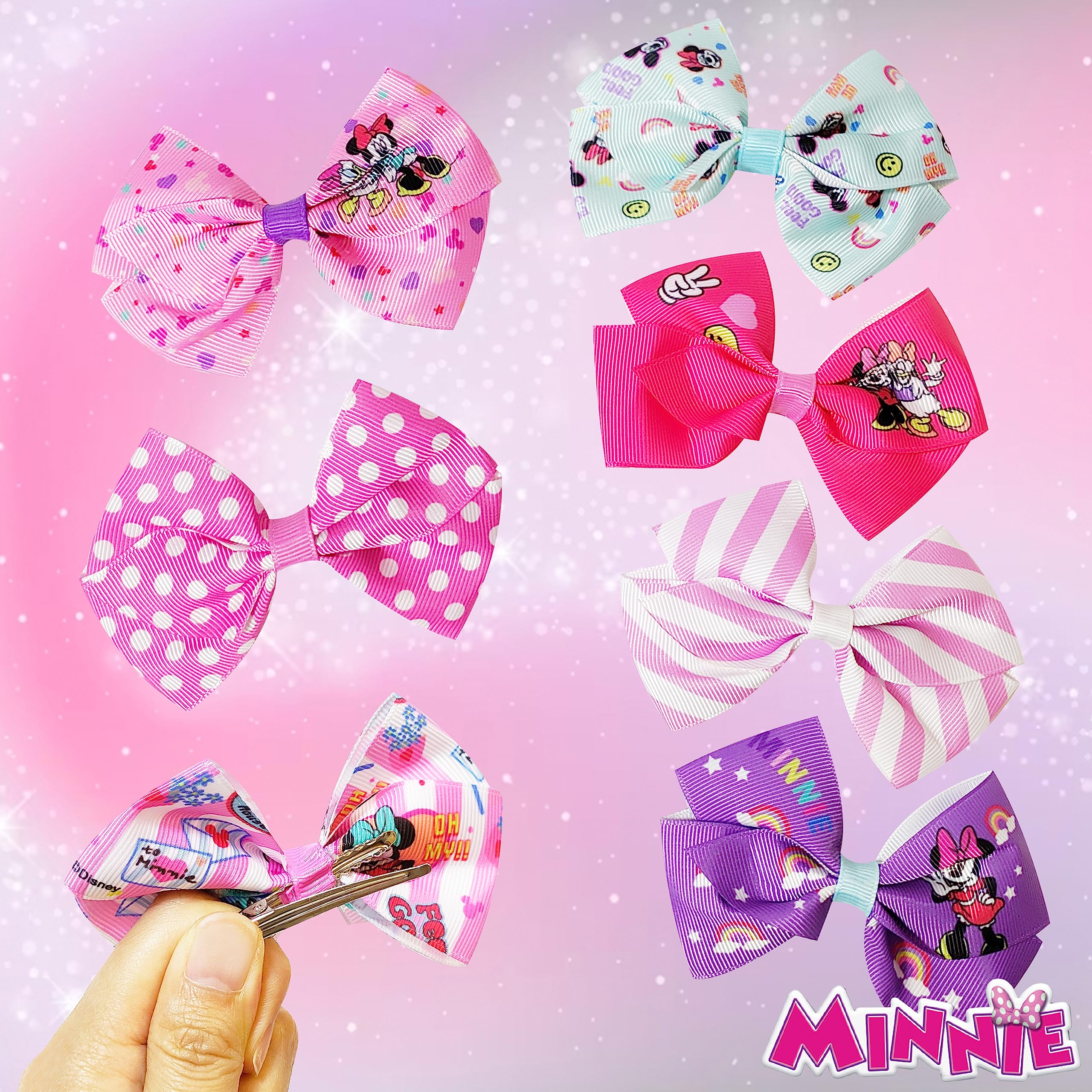 LUV HER Minnie bows clip detail shows smooth edges to minimize pulling