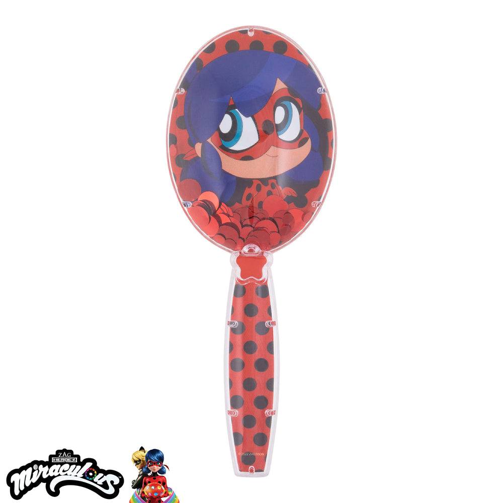 LUV HER Miraculous Ladybug Confetti Hair Brush back view with sparkles adds play appeal.