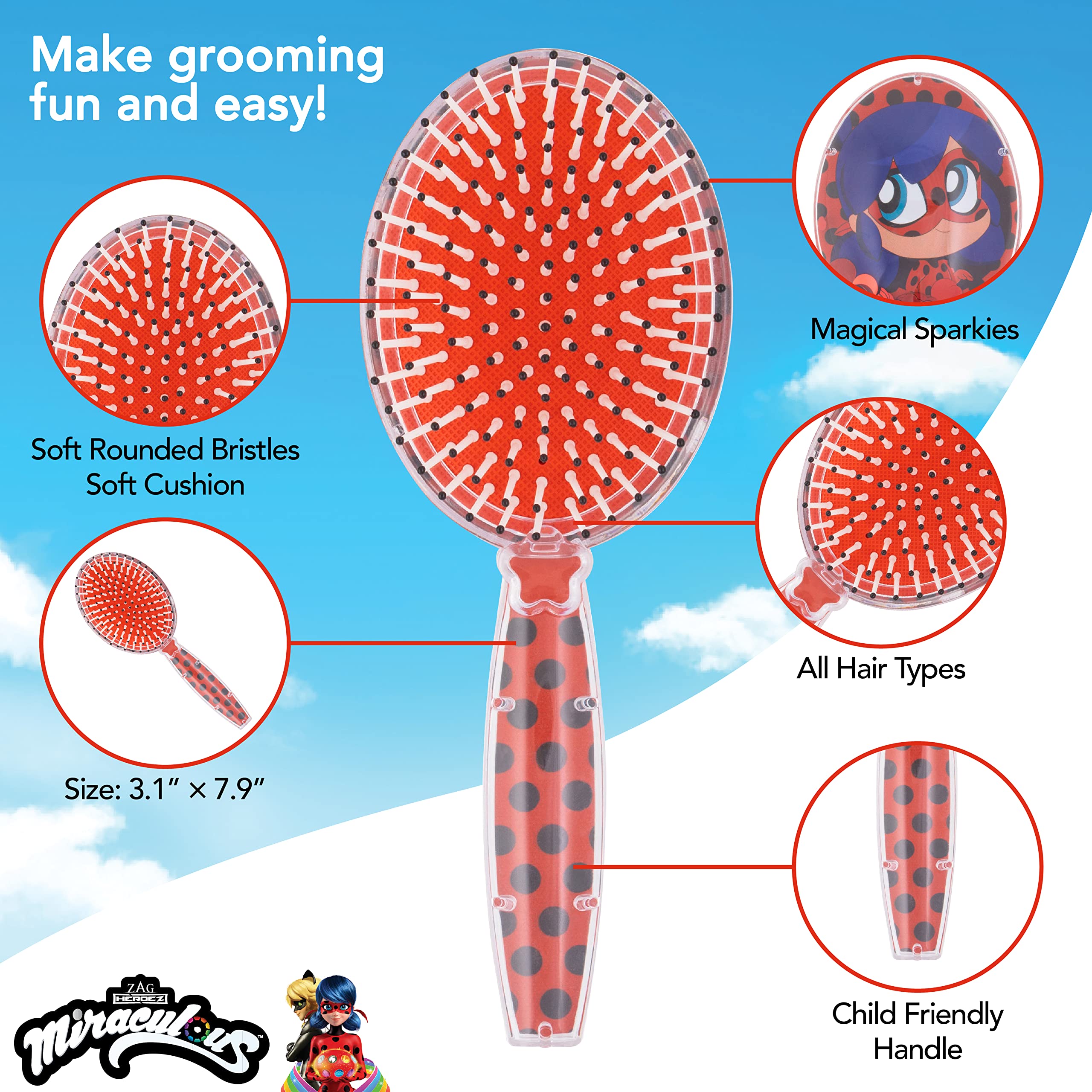 LUV HER Miraculous Ladybug Confetti Hair Brush closeup bristles guard gentle detangling.