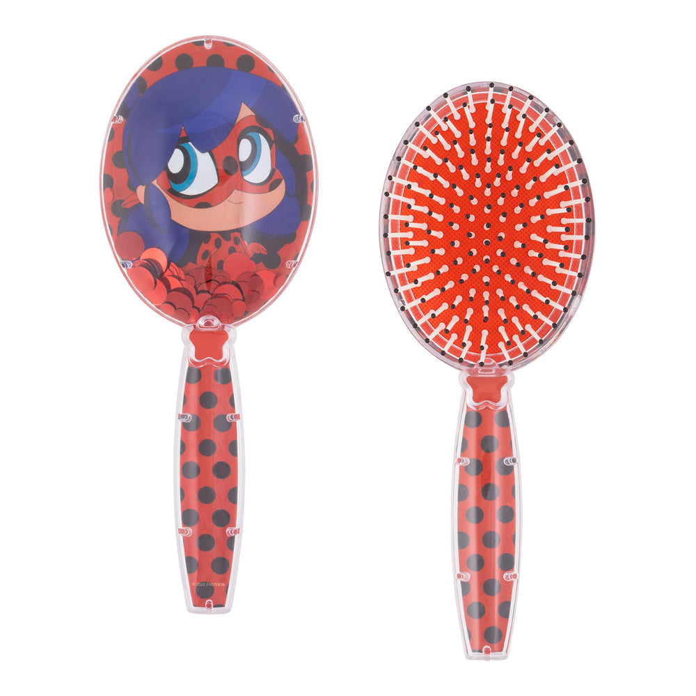 LUV HER Miraculous Ladybug Confetti Hair Brush front view promotes gentle detangling for kids.