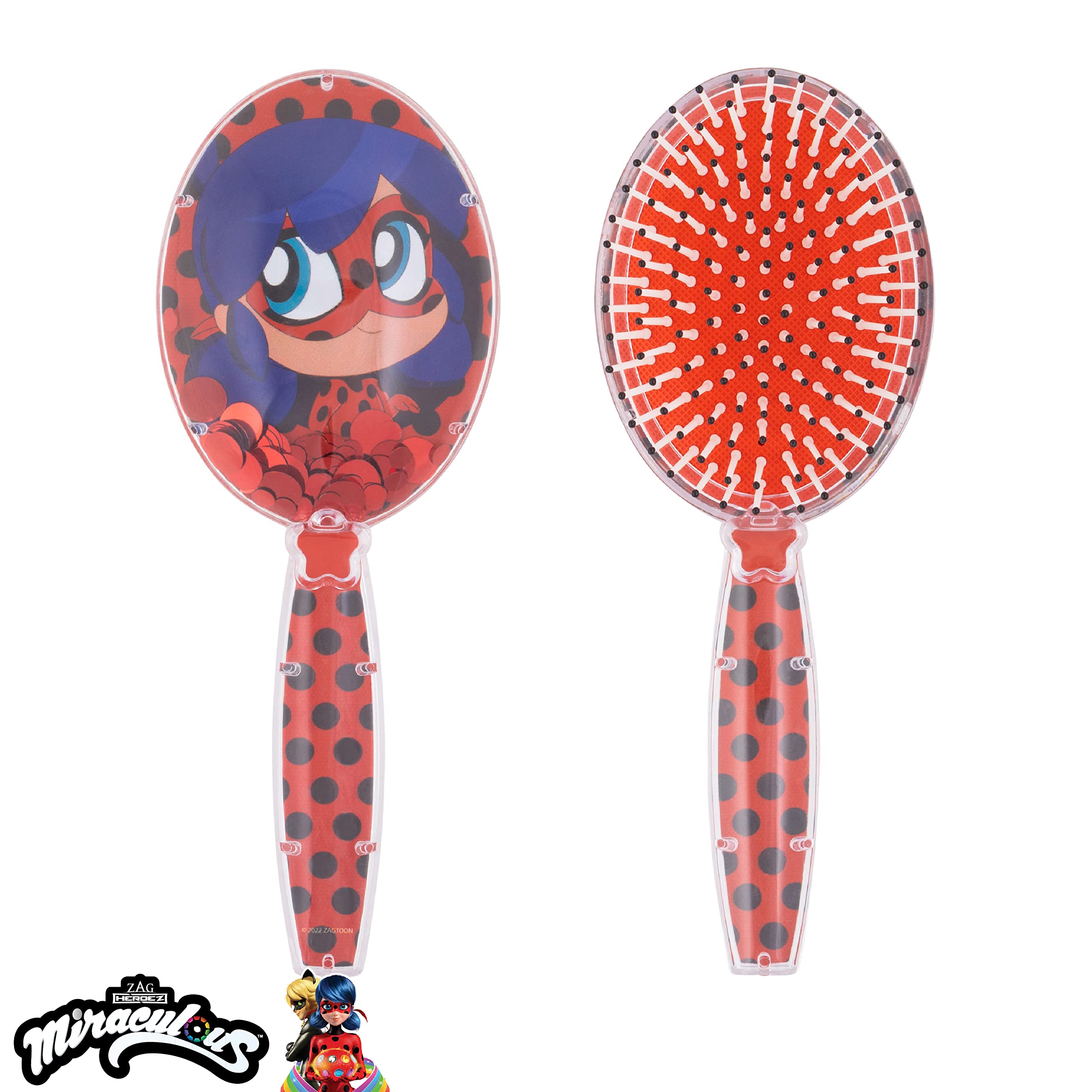 LUV HER Miraculous Ladybug Confetti Hair Brush in hands demonstrates kid-friendly handle for easy grooming.