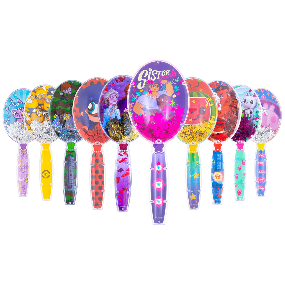 LUV HER Miraculous Ladybug Confetti Hair Brush in-use shows sparkling stars for magical styling moments.