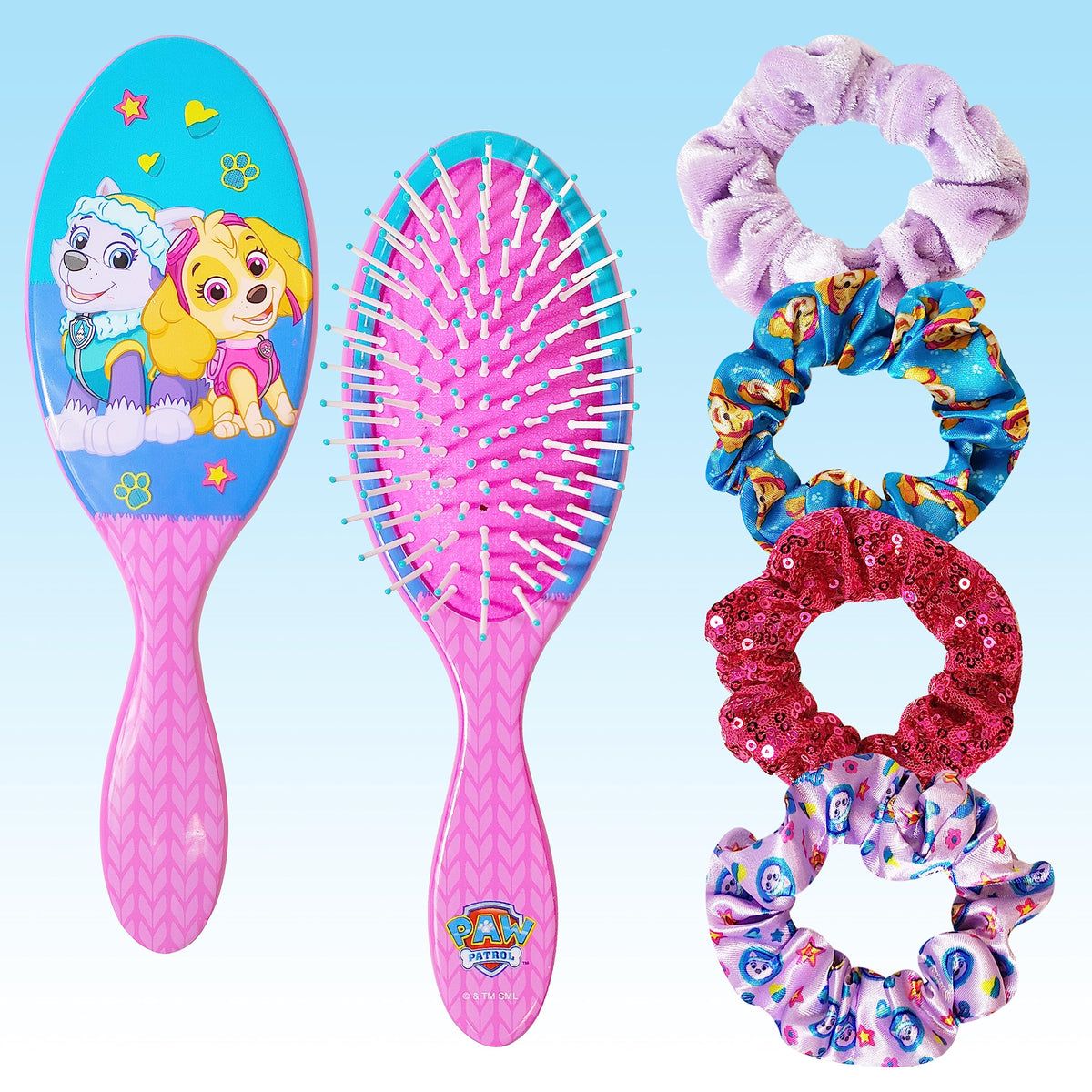 Luv Her Paw Patrol brush close-up showing gentle detangling with rounded bristles.