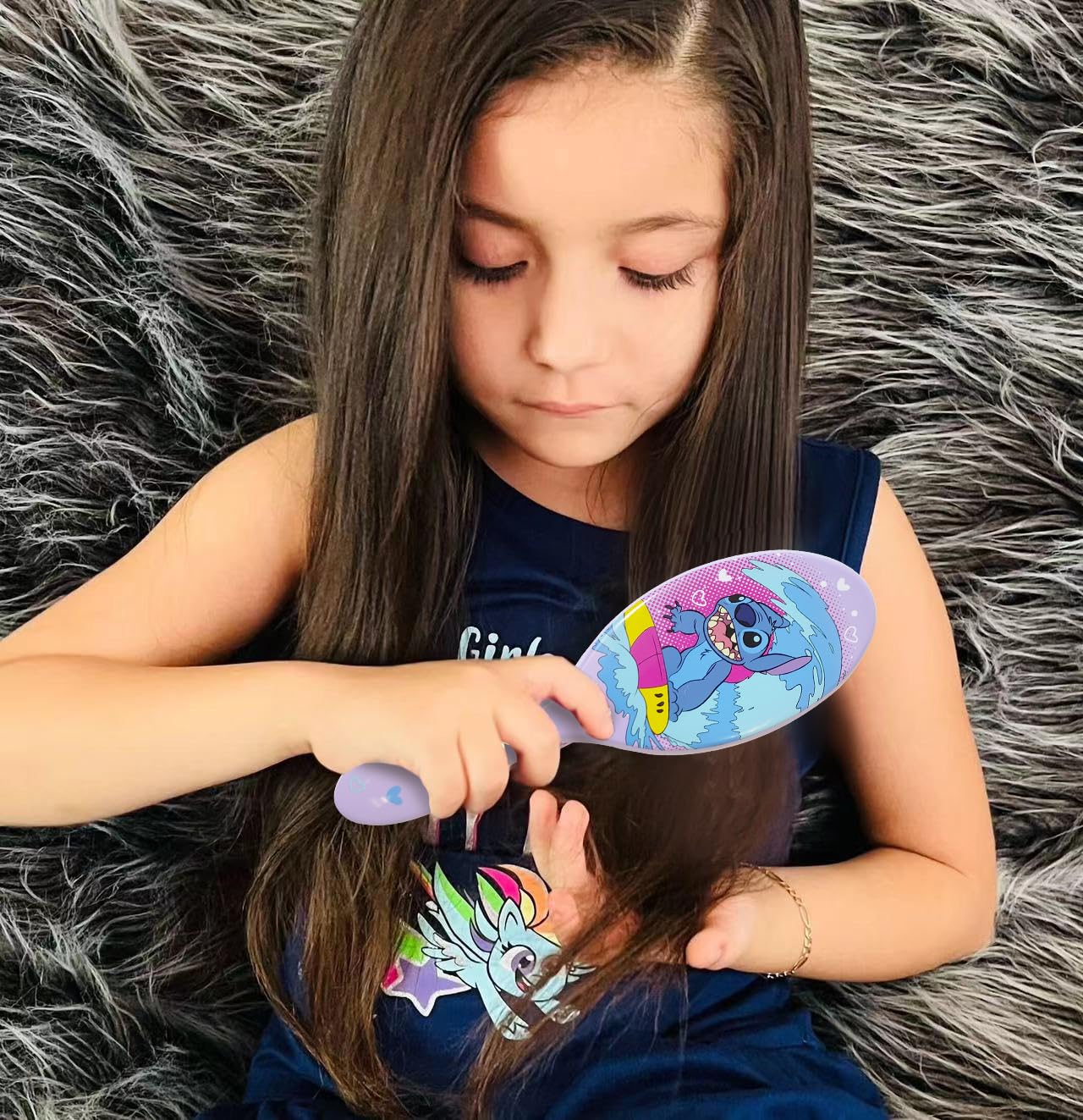 LUV HER Stitch hairbrush bristles closeup shows rounded-end design to minimize tugging.