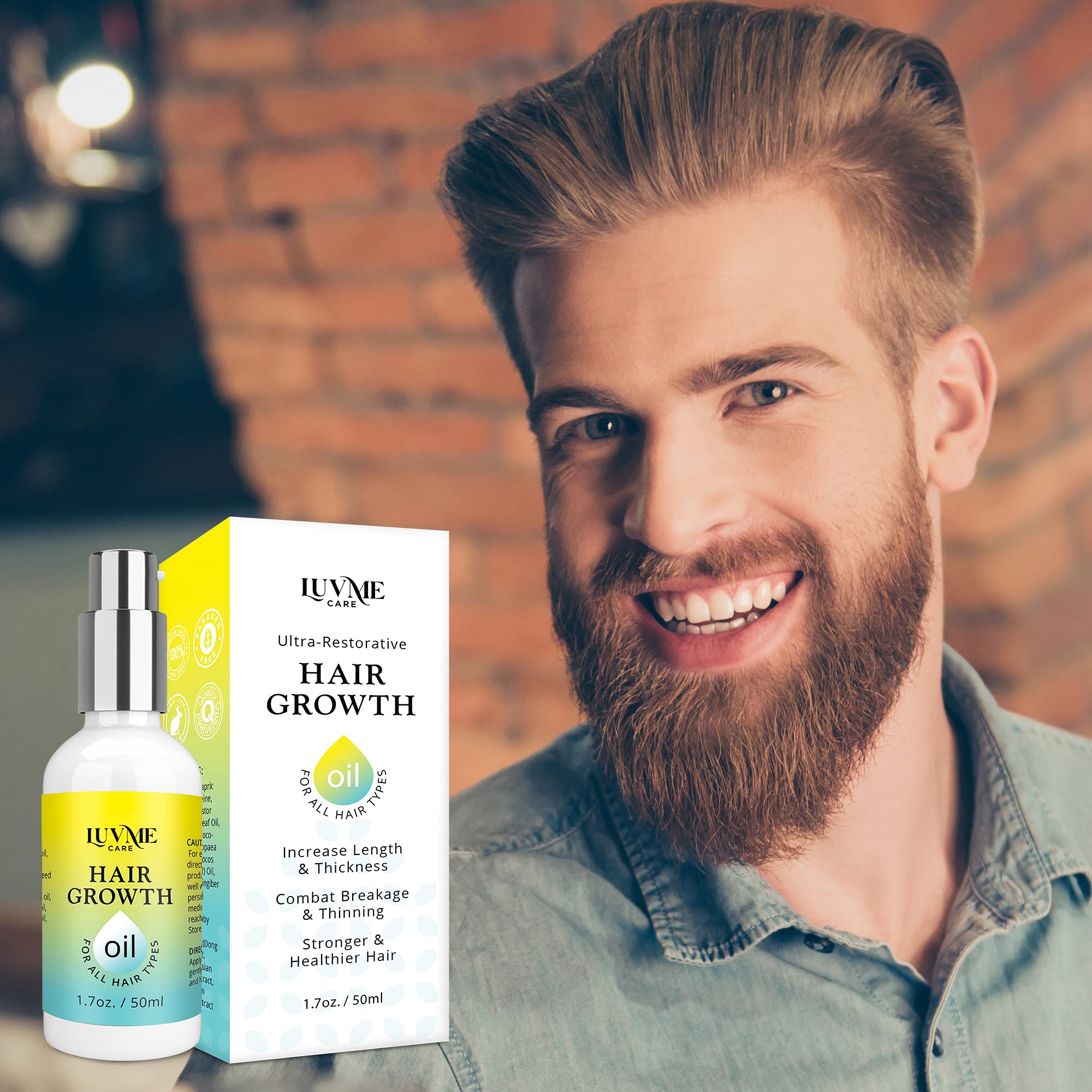 Ingredients list of Luv Me Care Biotin Hair Growth Oil highlighting castor, rosemary, ginger, biotin