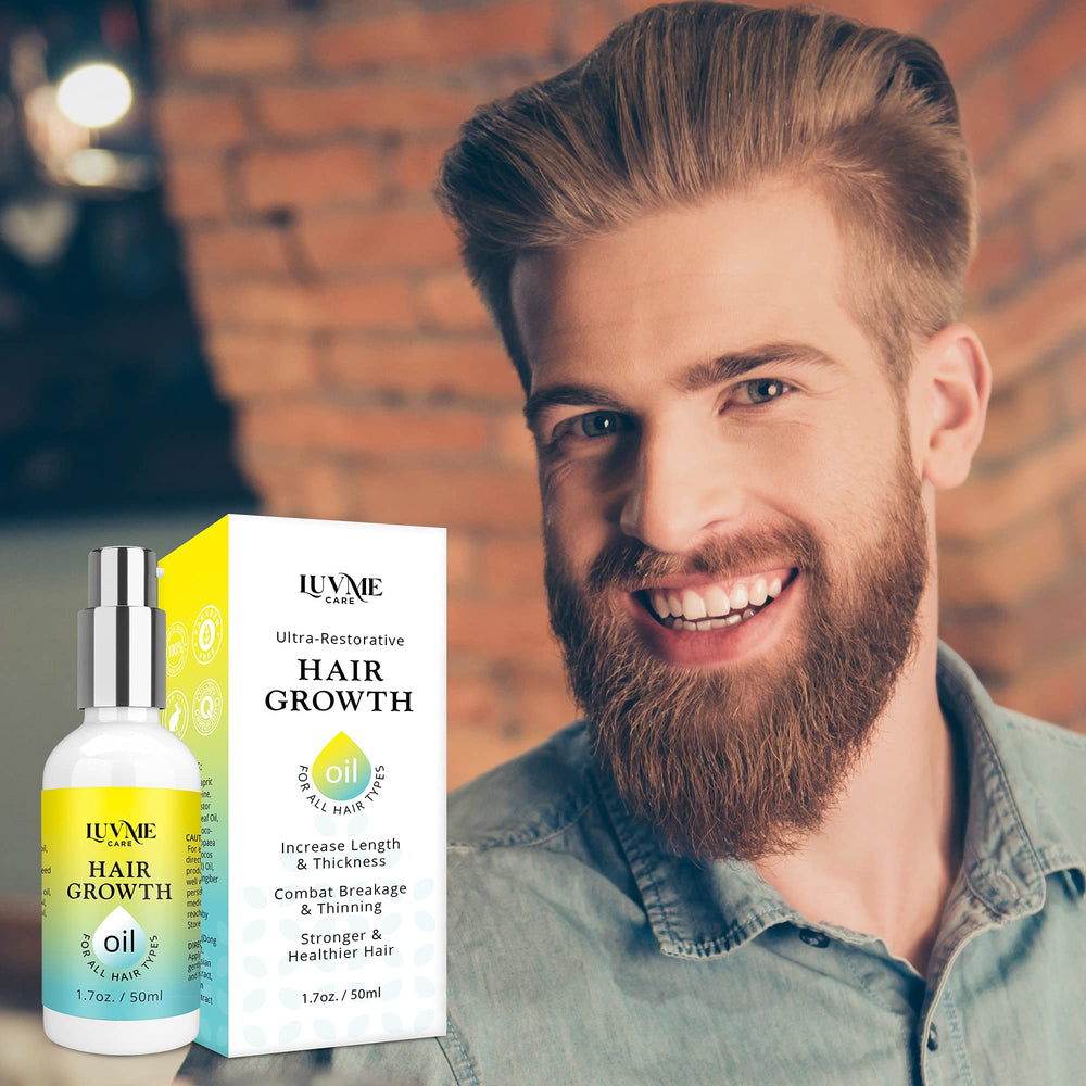Ingredients list of Luv Me Care Biotin Hair Growth Oil highlighting castor, rosemary, ginger, biotin