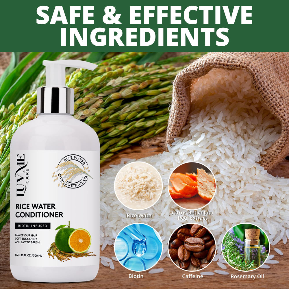 Luv Me Care rice water ingredients show plant-based extracts and vegan formula.