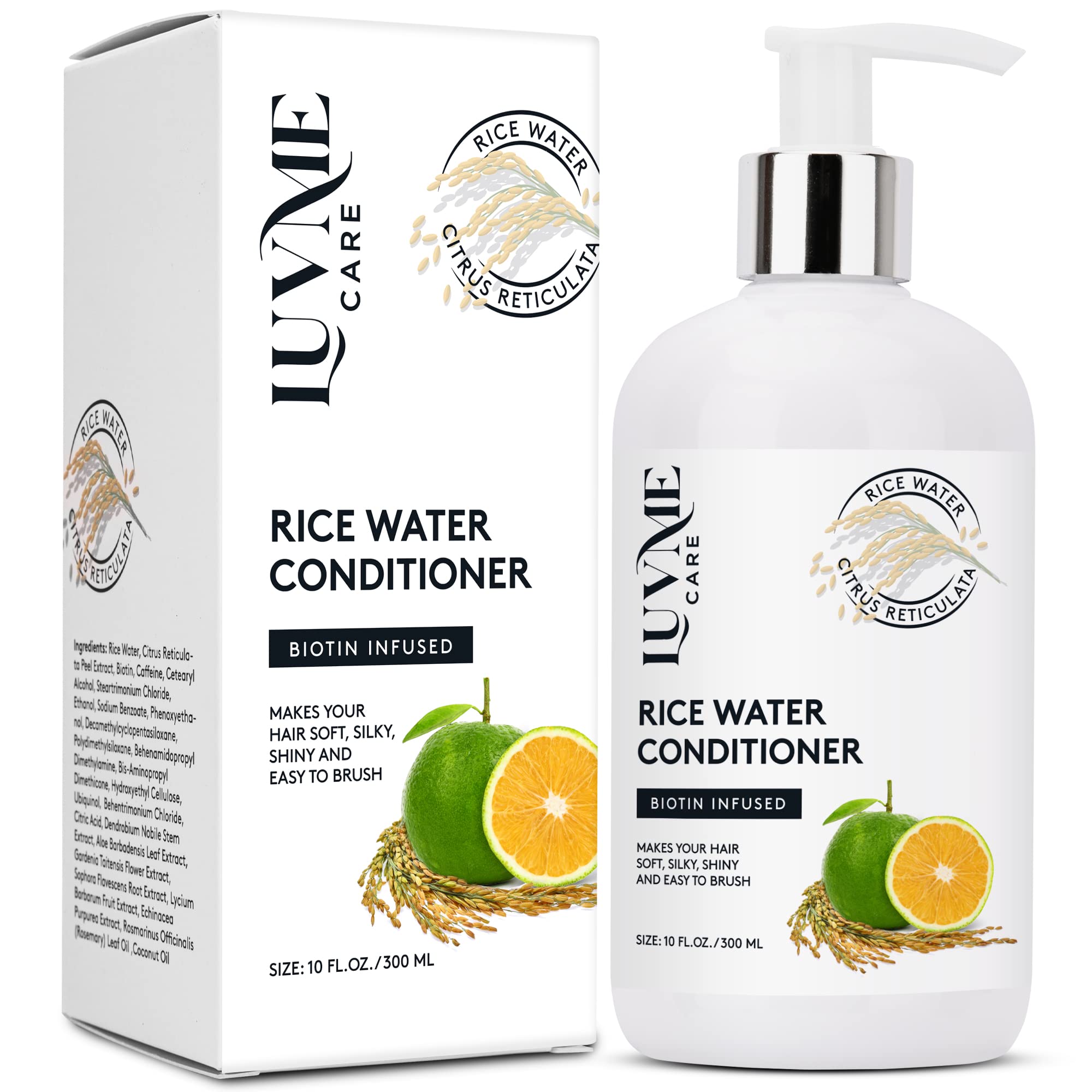 Luv Me Care rice water conditioner bottle highlights biotin for stronger hair and shine.