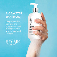 Luv Me Care Rice Water Shampoo bottle closeup label highlights biotin and caffeine.