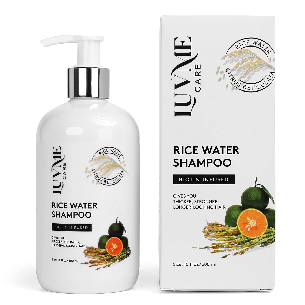Luv Me Care Rice Water Shampoo bottle front hints at thicker-looking hair.