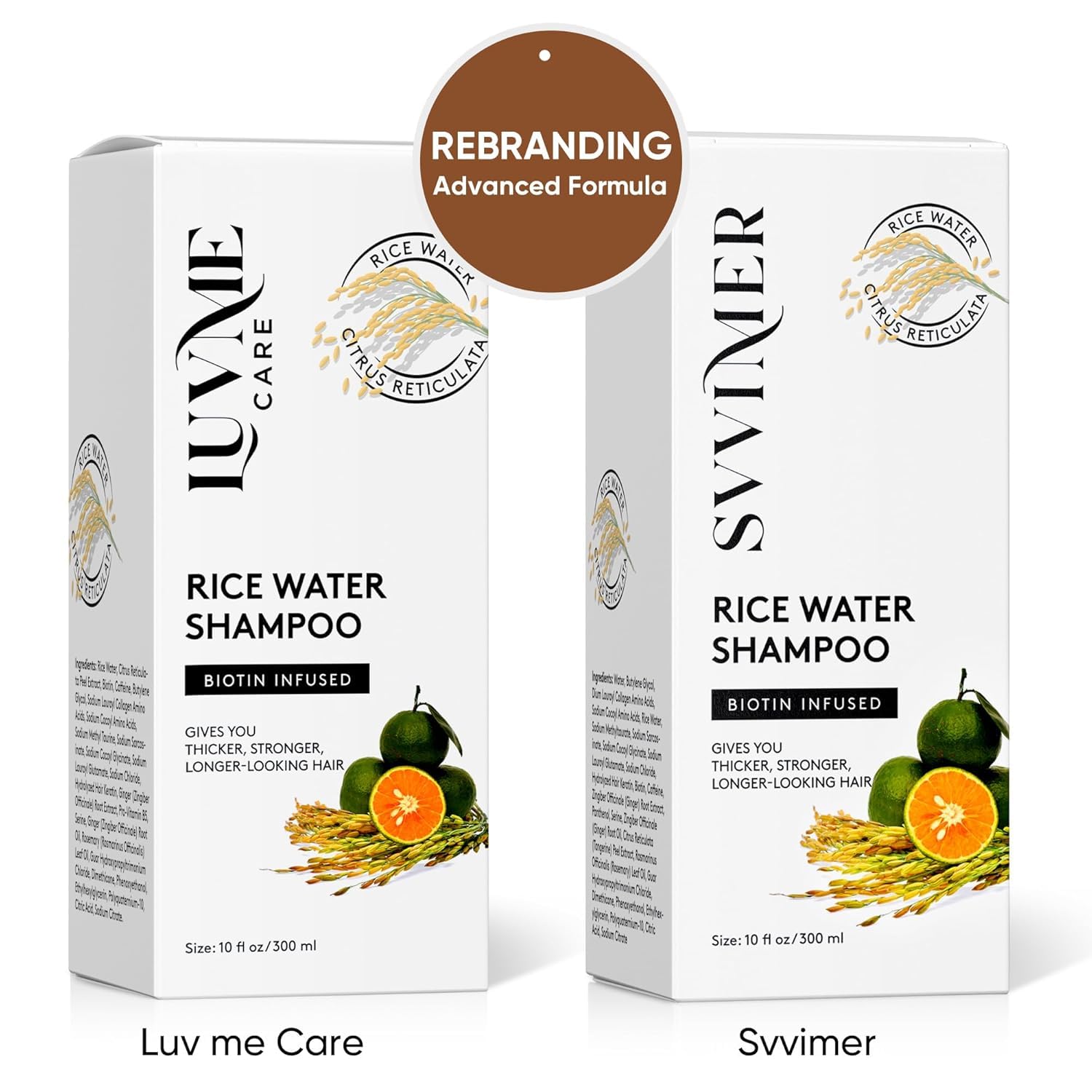 Luv Me Care Rice Water Shampoo bottle pour emphasizes smooth application and hydration.