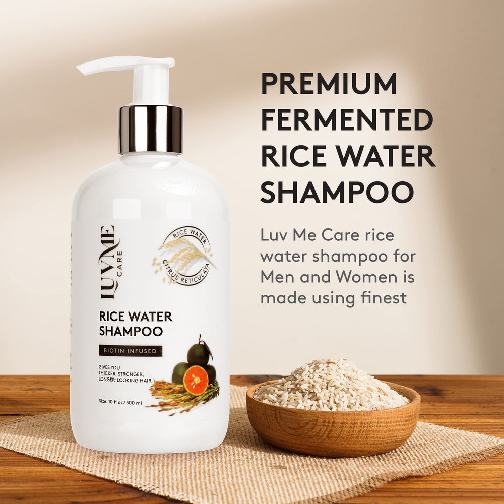Luv Me Care Rice Water Shampoo hair shine closeup suggests luxurious radiance.