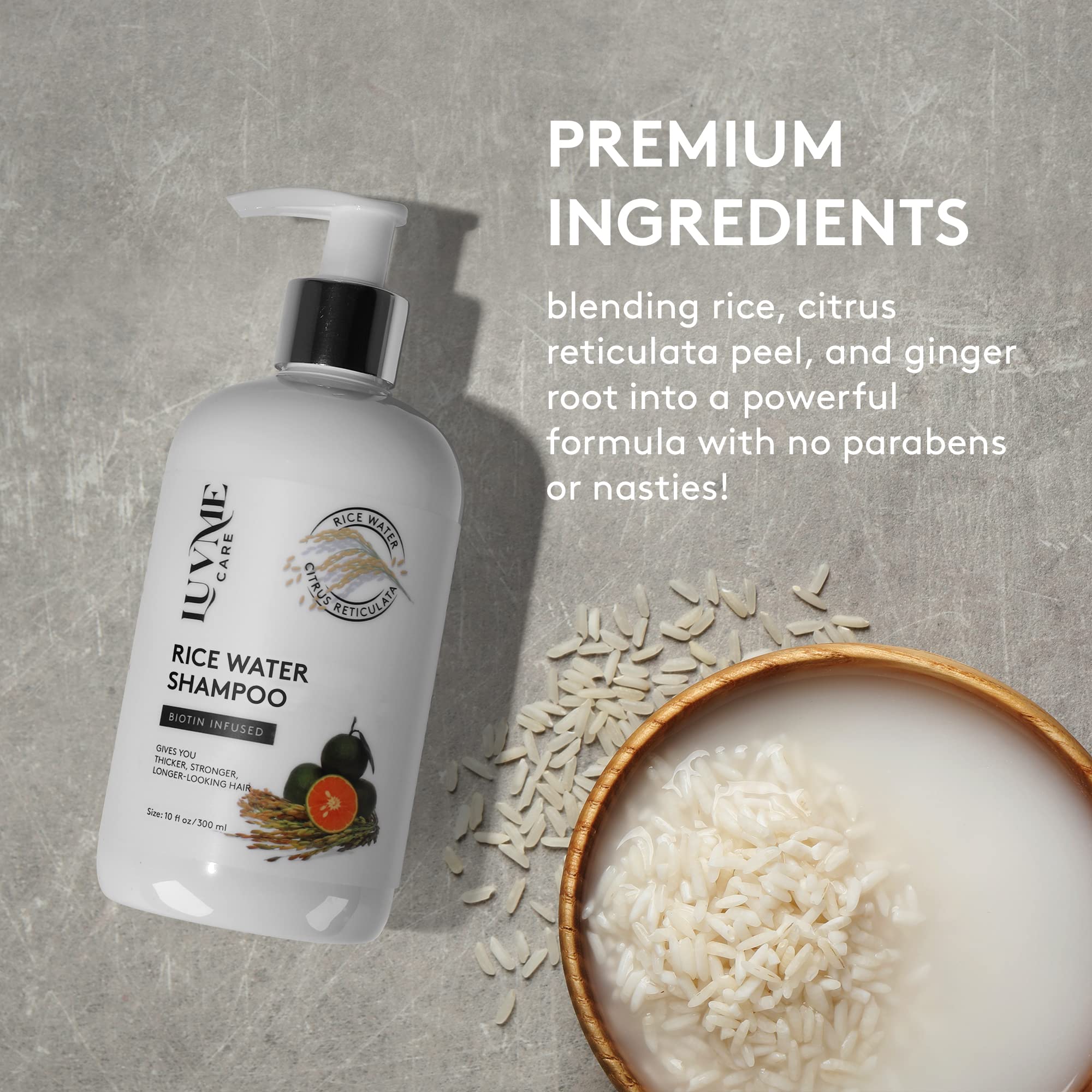 Luv Me Care Rice Water Shampoo ingredients bottle highlights natural nourishing components.