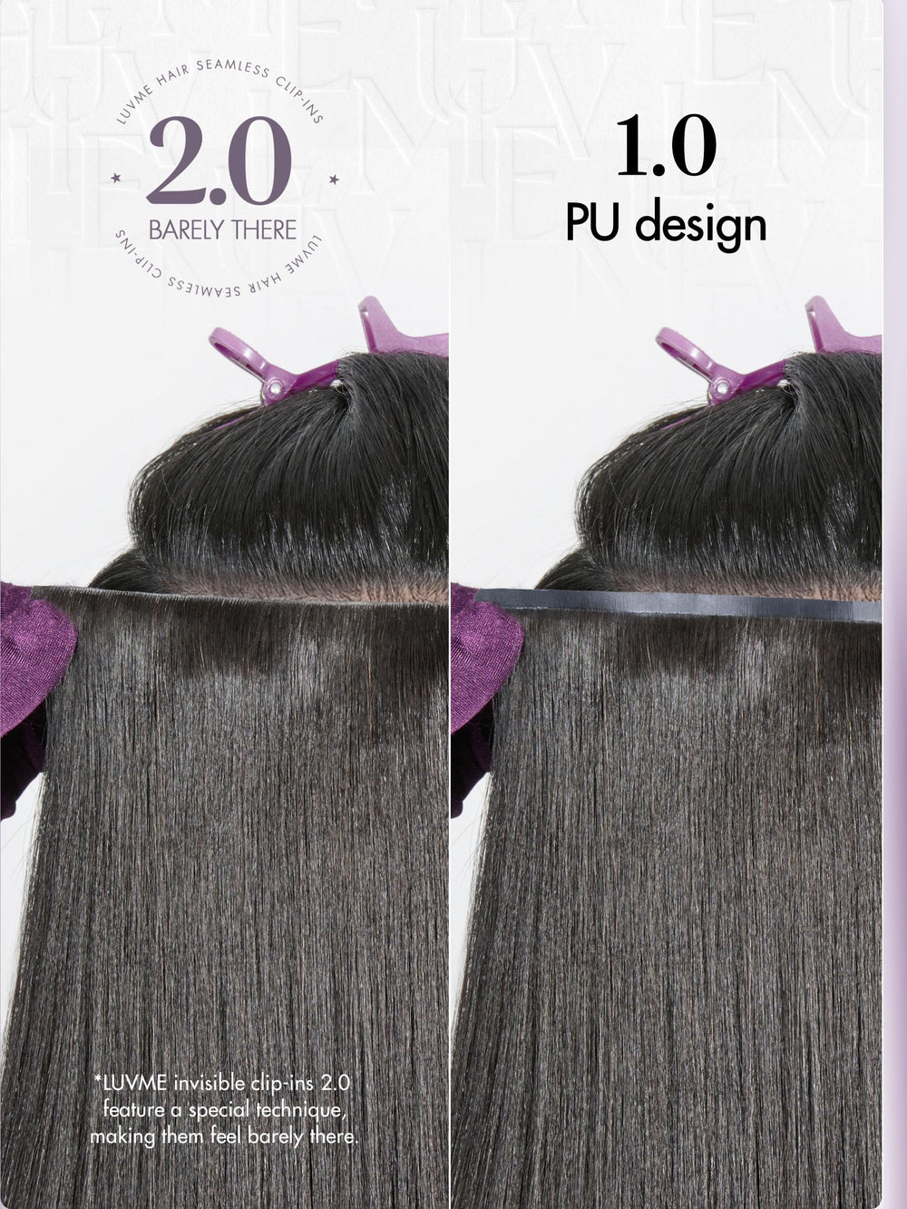 LUVME seamless PU weft clip-ins with skin-like finish