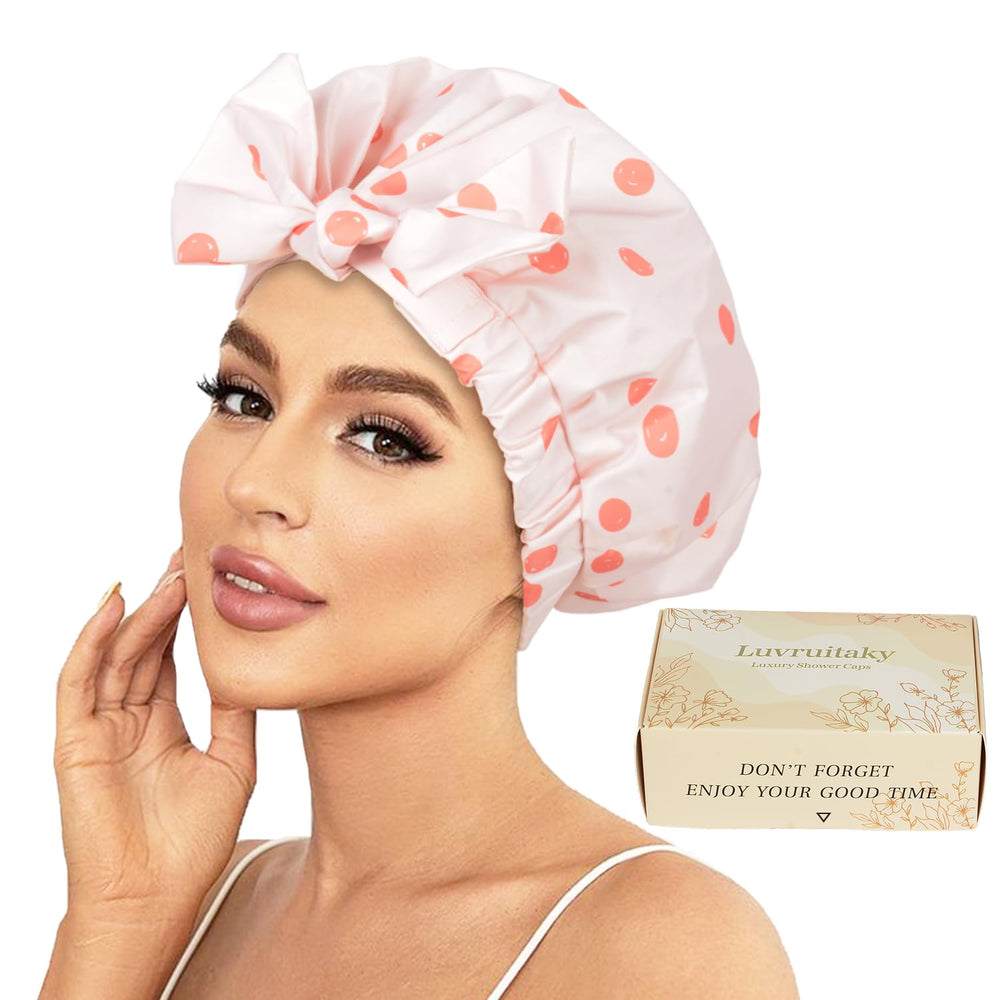 Luvruitaky shower cap pink outer view shows stylish waterproof protection during showers
