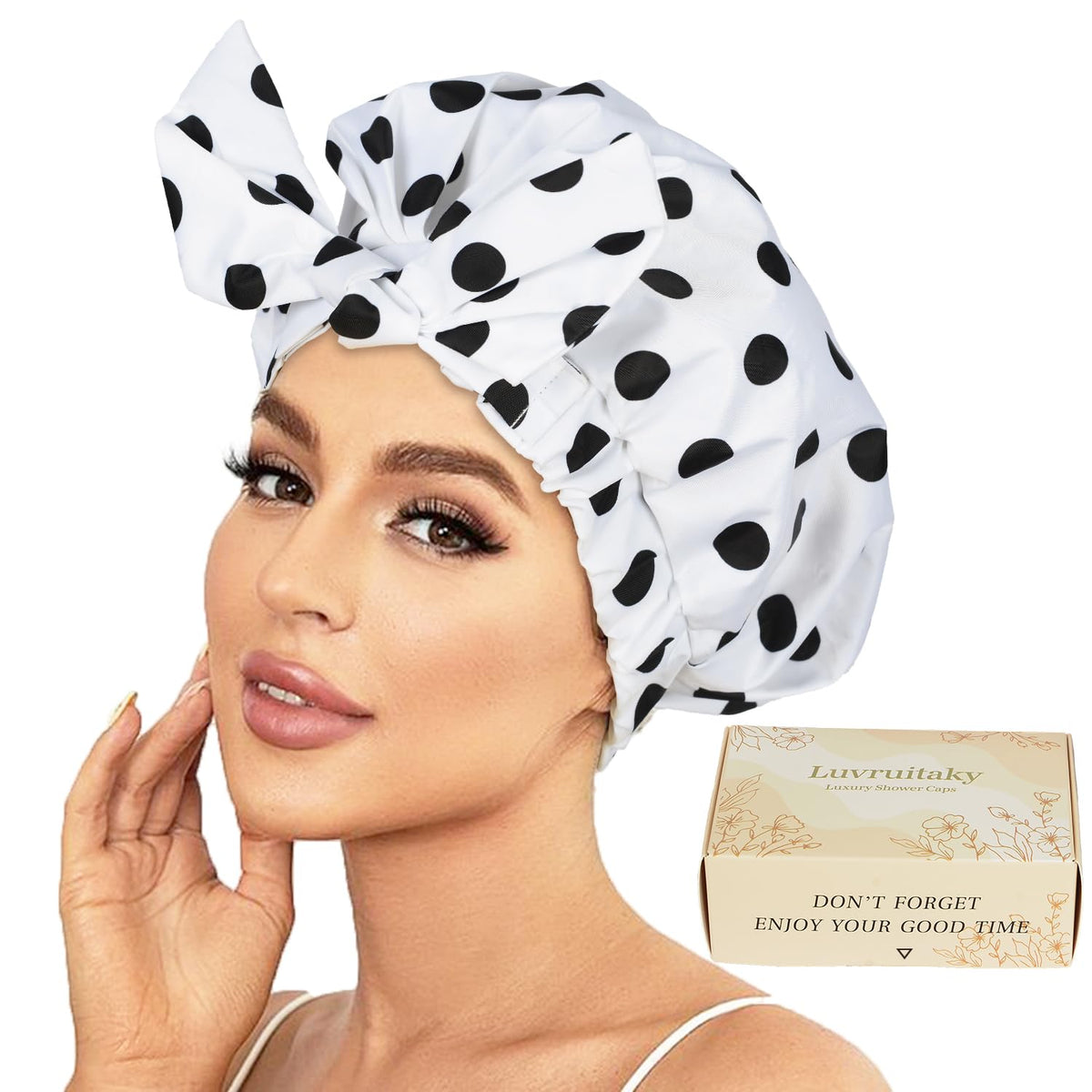 Luvruitaky shower cap bowknot closeup showing stylish waterproof design for daily use