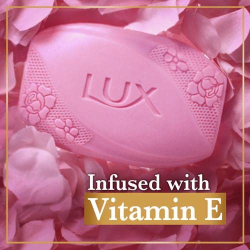 LUX Soft Touch Silk Essence & Rose Water Soap Bar close-up shows creamy lather and rose scent.