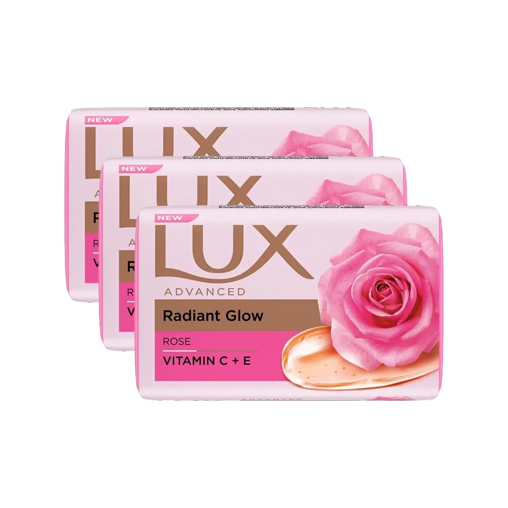 LUX Soft Touch Silk Essence & Rose Water Soap Bar triple-pack packaging for gentle cleanse.