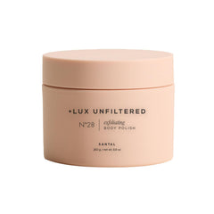 Lux Unfiltered N°28 exfoliating body polish bottle with Santal scent for spa-like exfoliation.