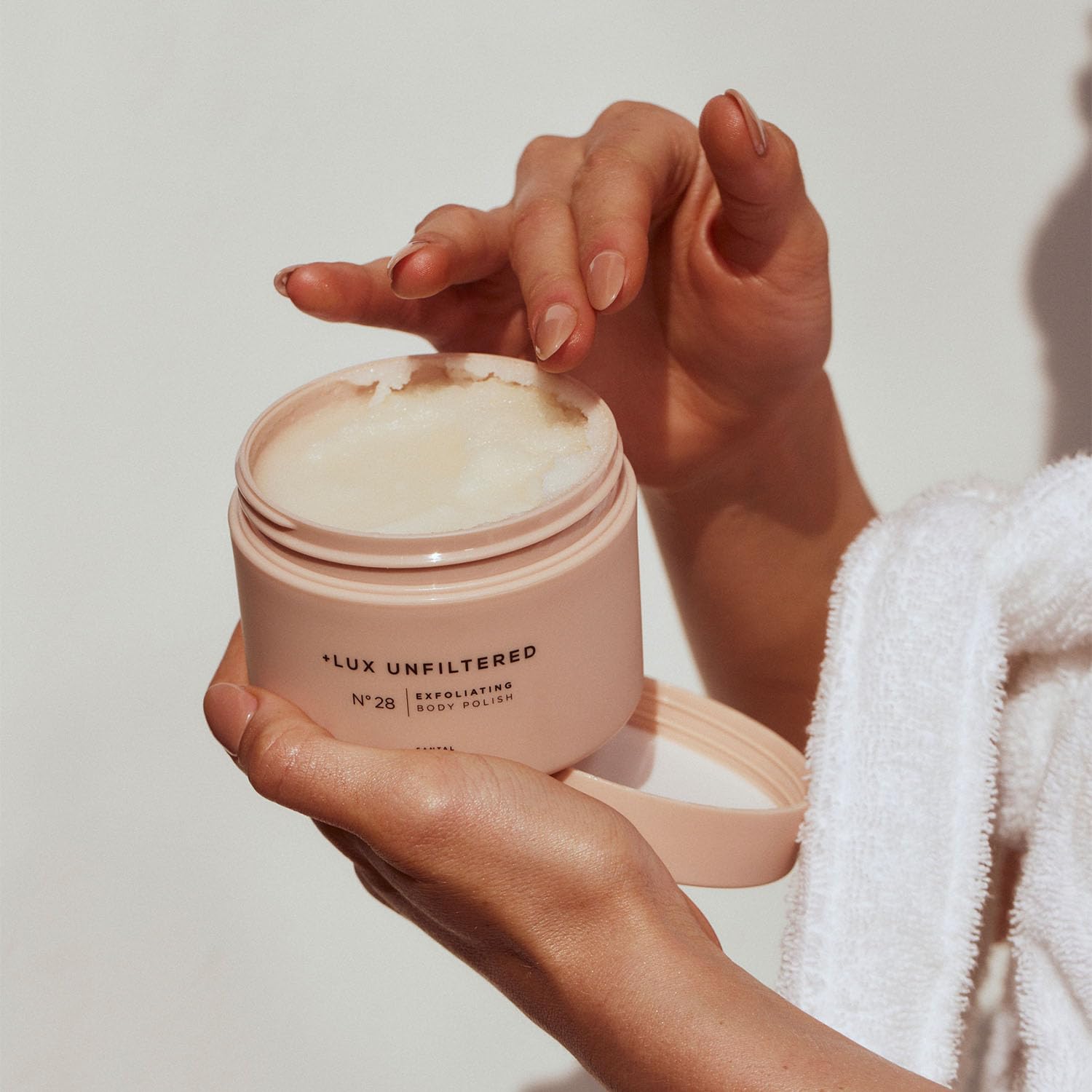 Lux Unfiltered N°28 gentle exfoliation preps skin for self-tanner or conditioning cream.