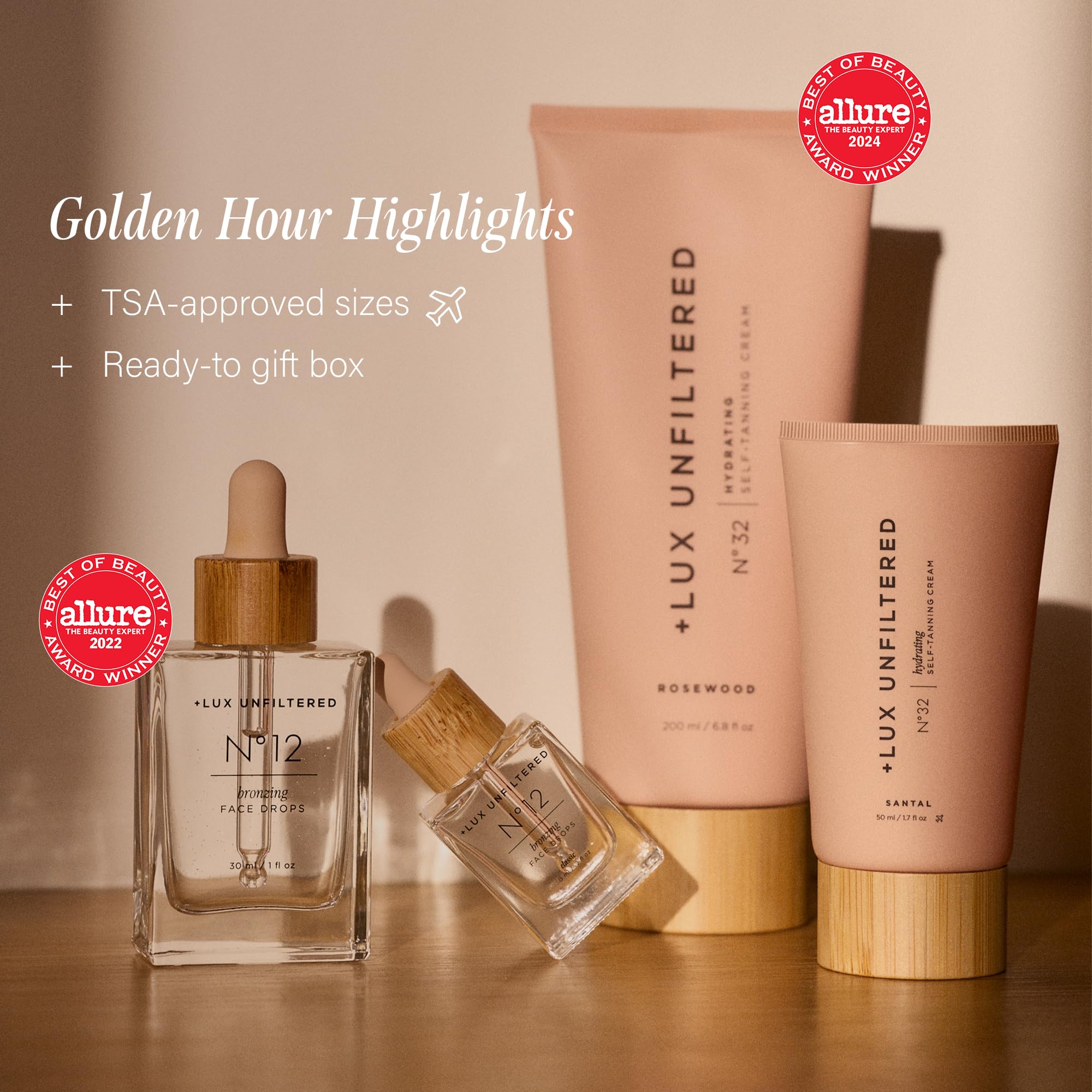 Lux Unfiltered N°32 gradual self Tanner bottle shows buildable tan for customizable results