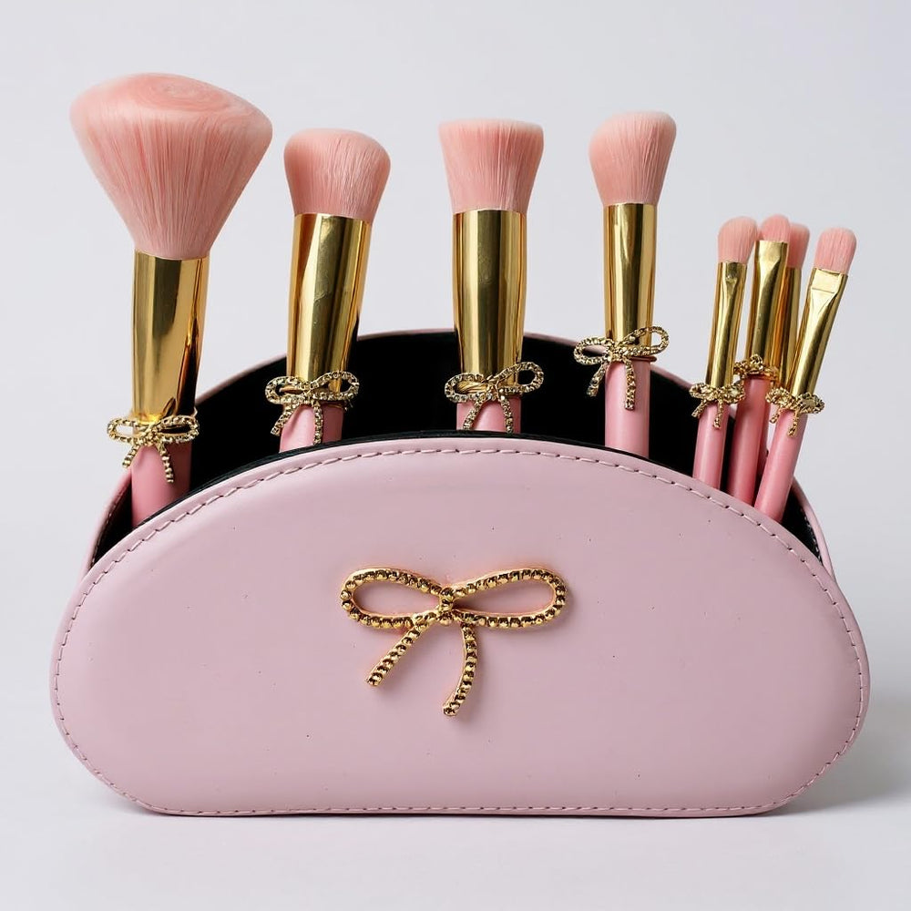 Luxape Bow Makeup Brush Set front view with pink bow bag for stylish storage