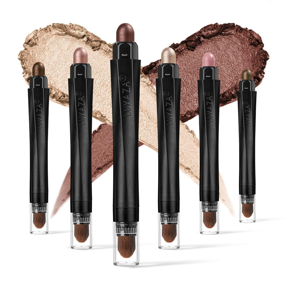 Luxaza 6pcs cream eyeshadow sticks packaging shows coordinated neutrals for quick, versatile looks.