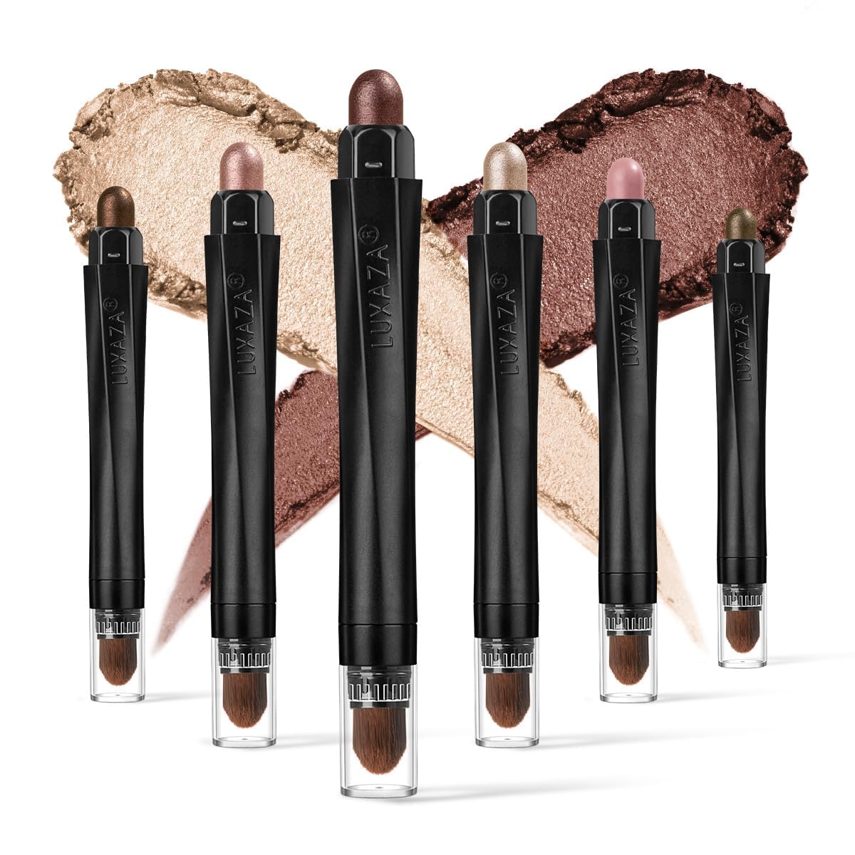 Luxaza 6pcs cream eyeshadow sticks packaging shows coordinated neutrals for quick, versatile looks.