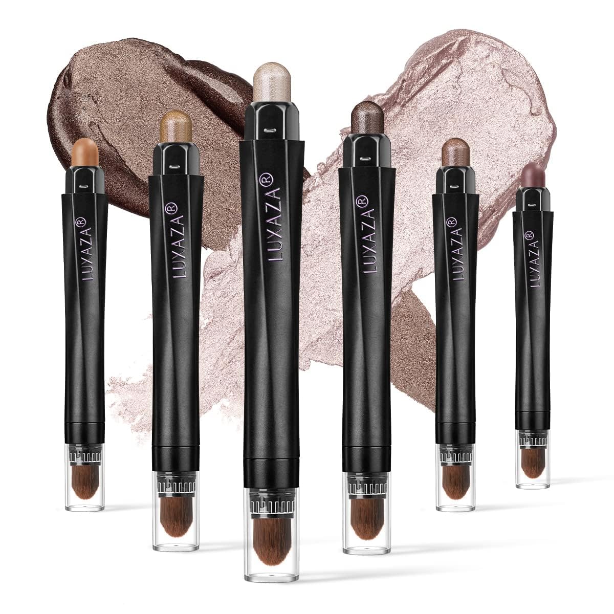 Luxaza 6pcs eyeshadow-stick collection showing coordinated neutrals for versatile looks.