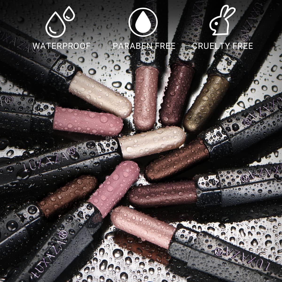 Luxaza long-wear color swatches show durability up to 10 hours.