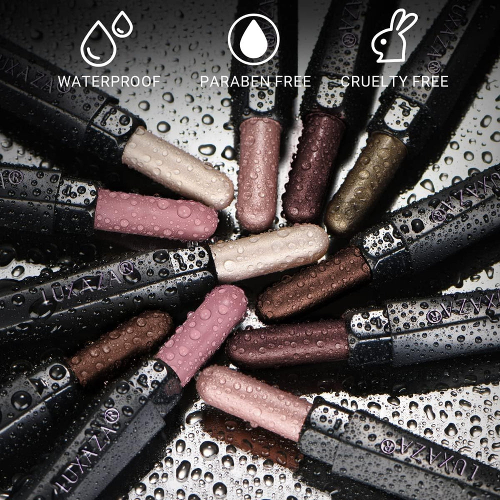 Luxaza long-wear color swatches show durability up to 10 hours.