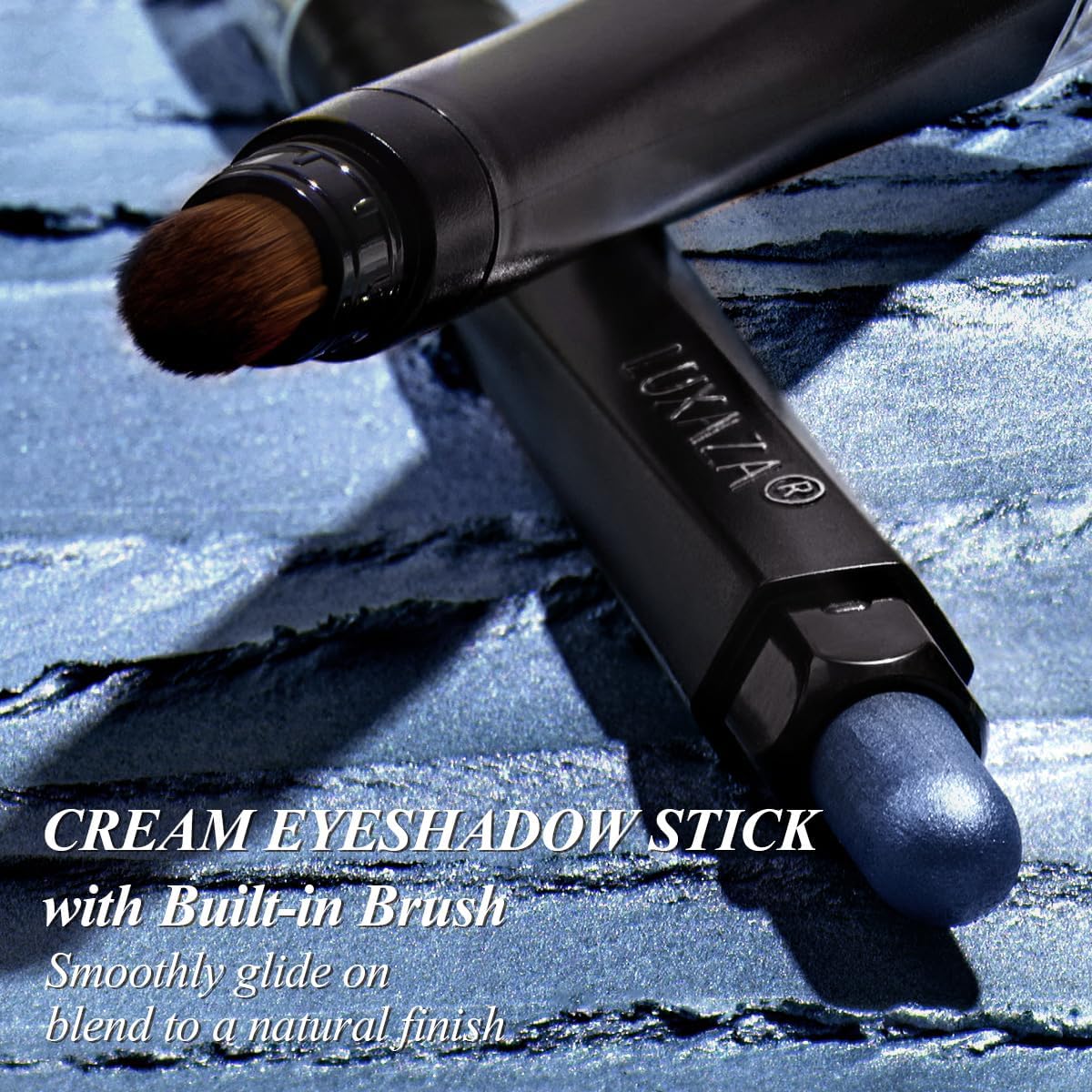 Luxaza Pro Jeans Blue hexagonal tube with ergonomic grip for controlled makeup moments