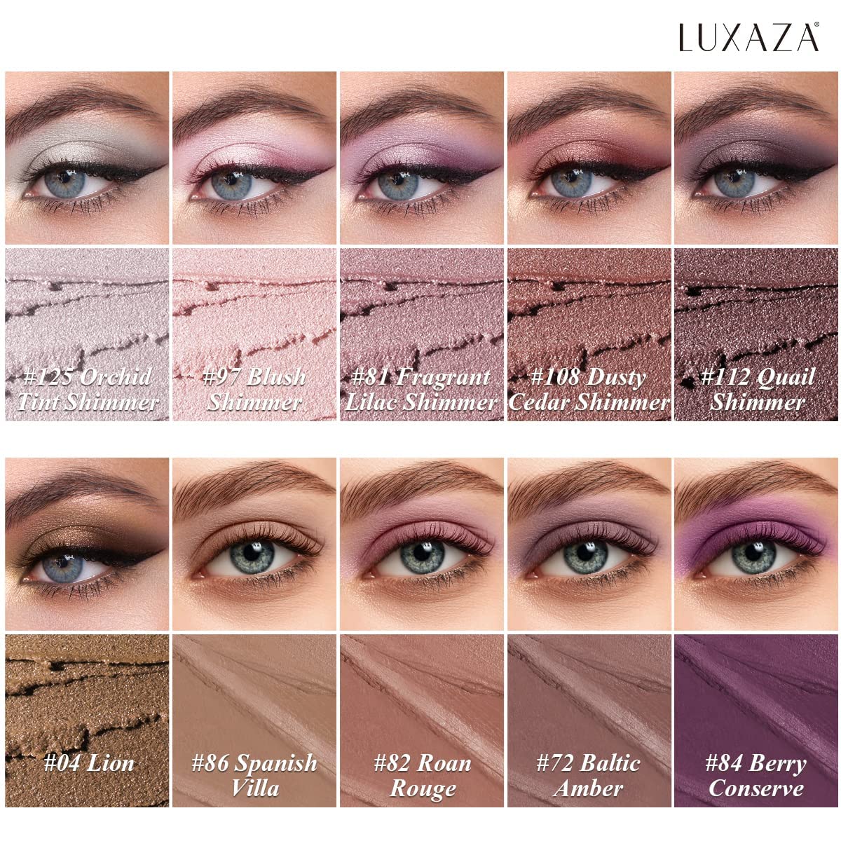 LUXAZA PRO Plum Eyeshadow Stick swatches with neutral shimmer and matte hues for day-to-night looks