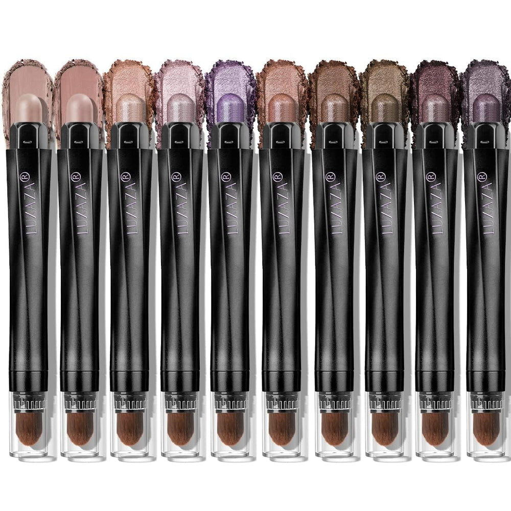 LUXAZA PRO Plum Eyeshadow Stick swatches on skin showing plum, lilac, and bronze tones for versatile looks.