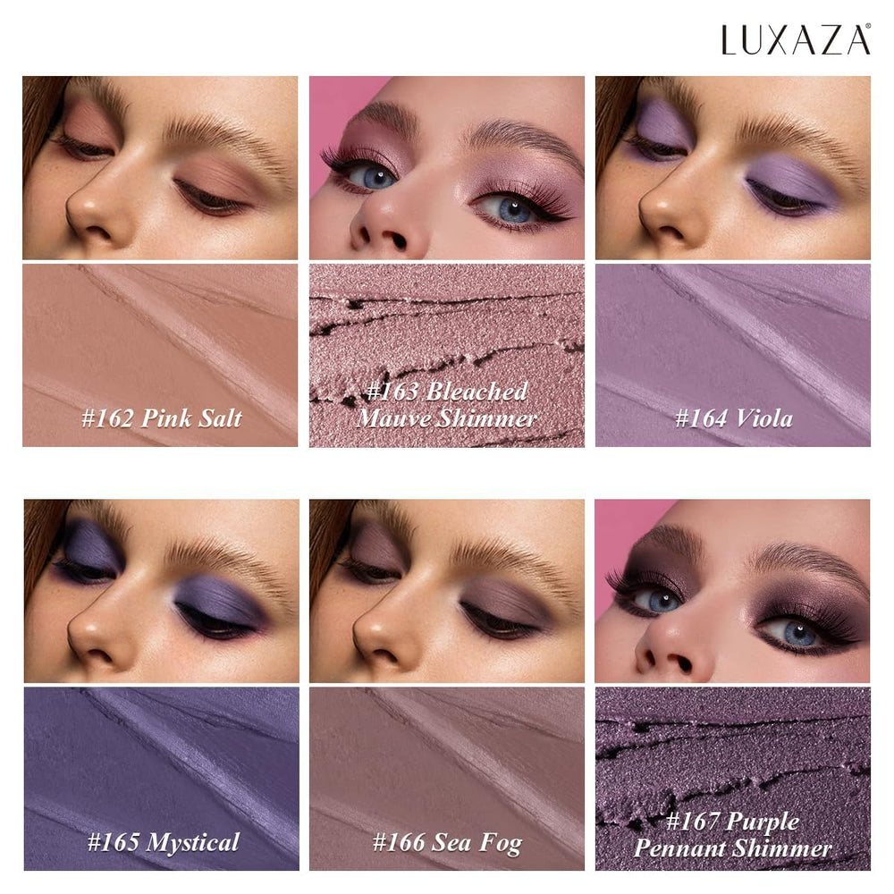 LUXAZA PRO Purple Eyeshadow Stick 6pc swatches reveal metallic shimmer and blendable pigments.