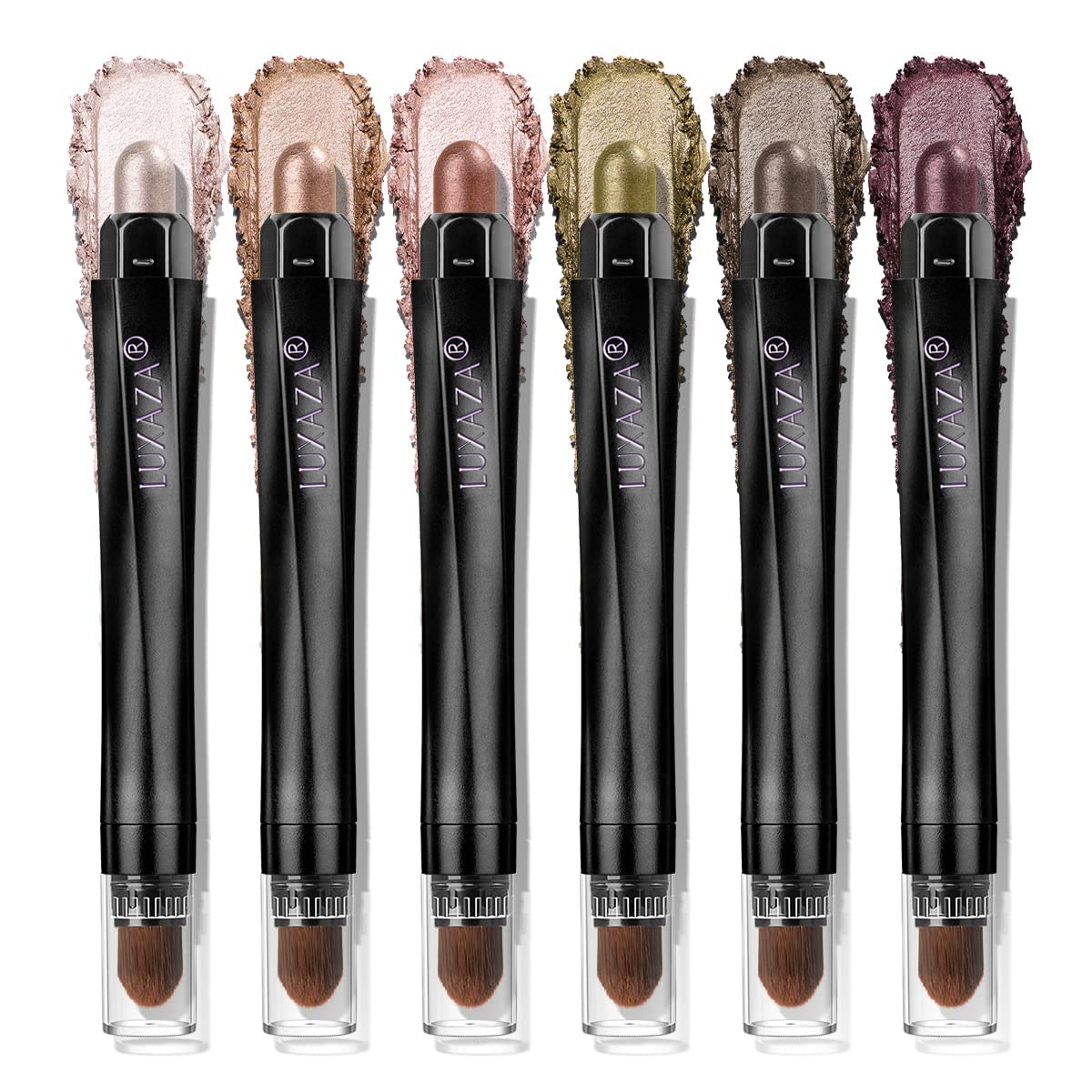 LUXAZA PRO Shimmer Eyeshadow Stick packaging closeup highlighting sleek design and easy grab-and-go use.